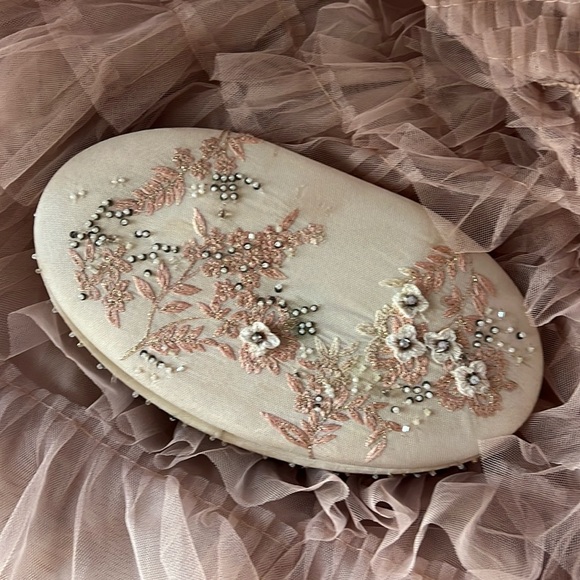 Vintage Embroidered Floral Jewelry Box with Beaded Trim and Mirror - Picture 11 of 13